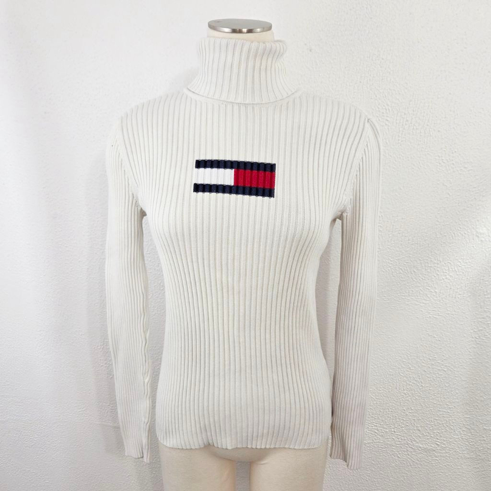 Vintage Tommy Hilfiger ribbed knit turtleneck sweater logo off white medium M